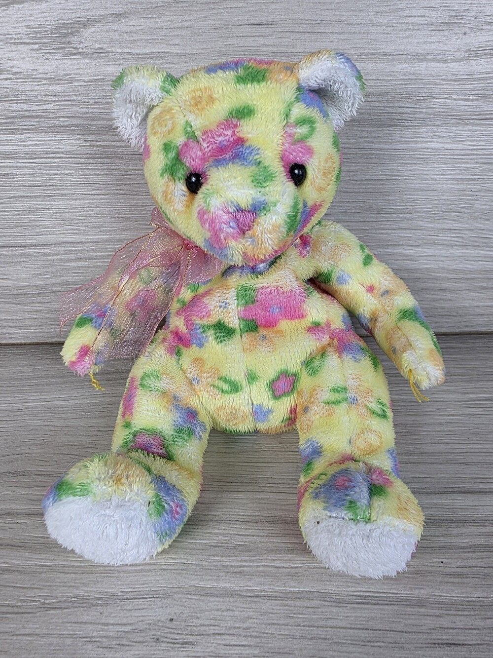 Multicolored Plush Teddy Bear w Sheer Ribbon, 9" Floral Flowers SU23